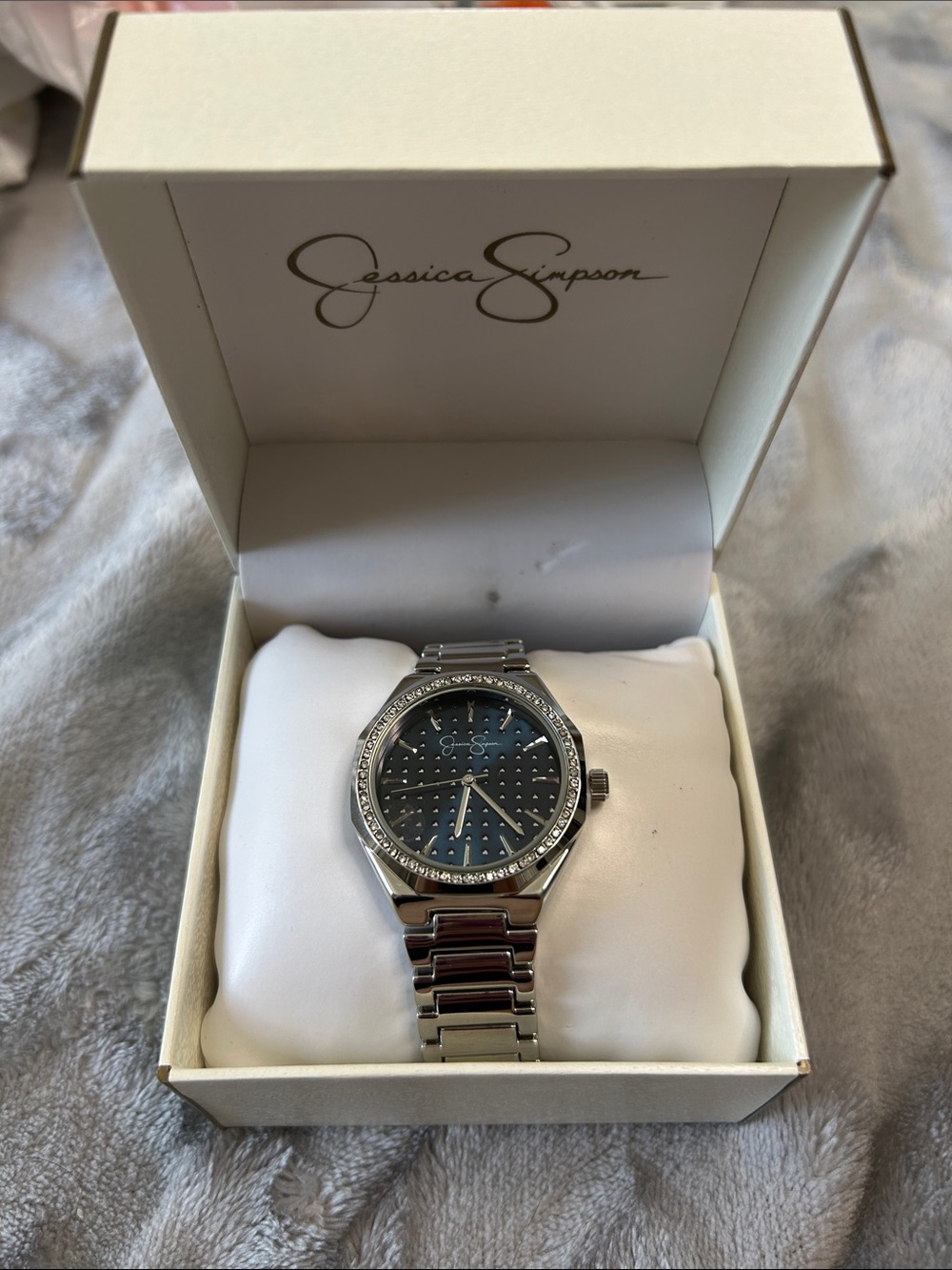 Jessica Simpson Silver Watch with Blue Dial and Crystal Accent